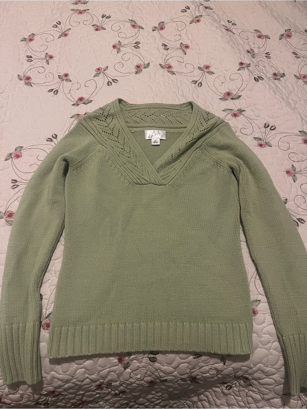 LOFT Sage Green V-Neck Knit Sweater